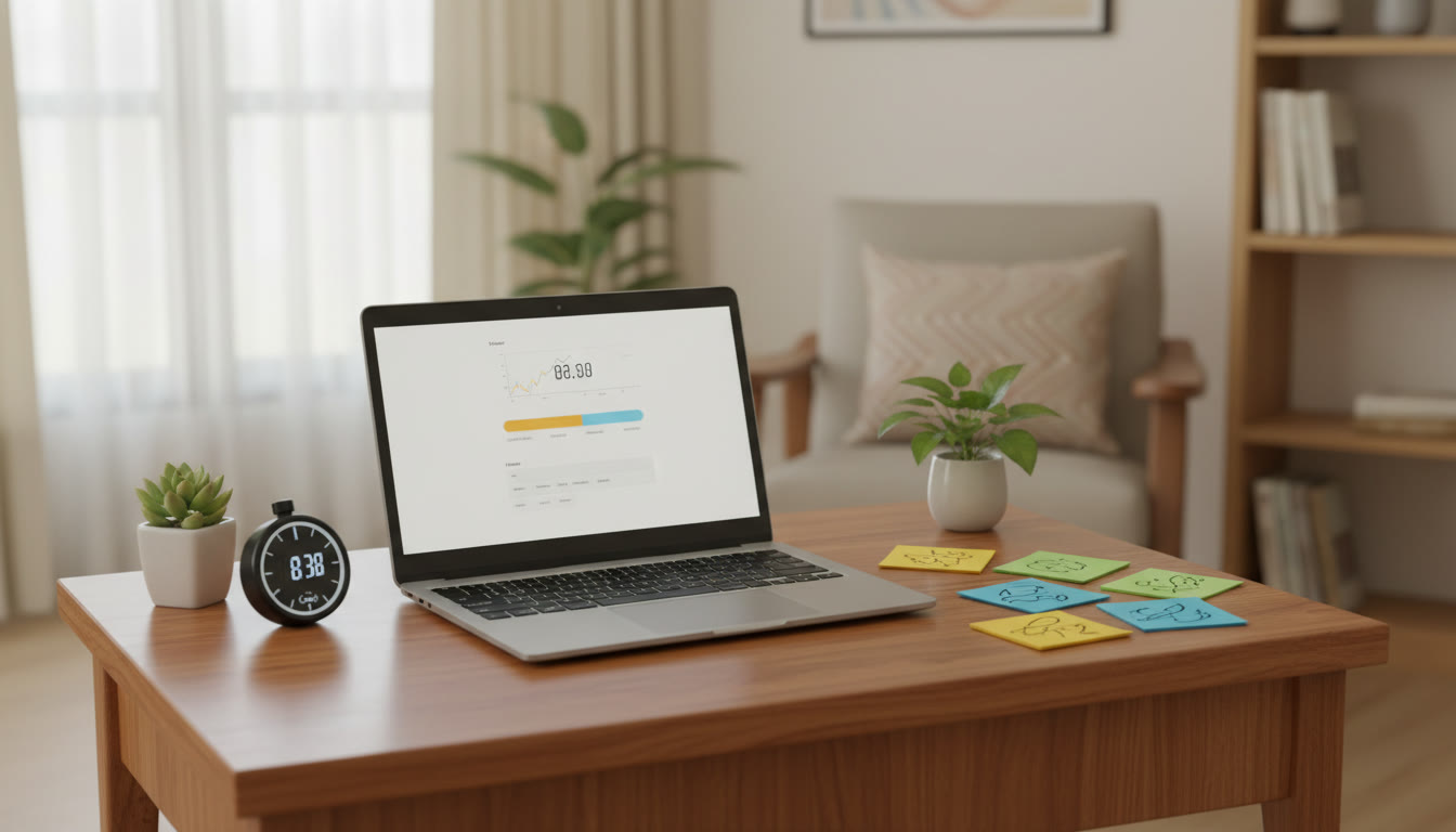 Photo Idea : A tidy study desk with a laptop running a timed mock, a stopwatch, and sticky notes marking weak topics