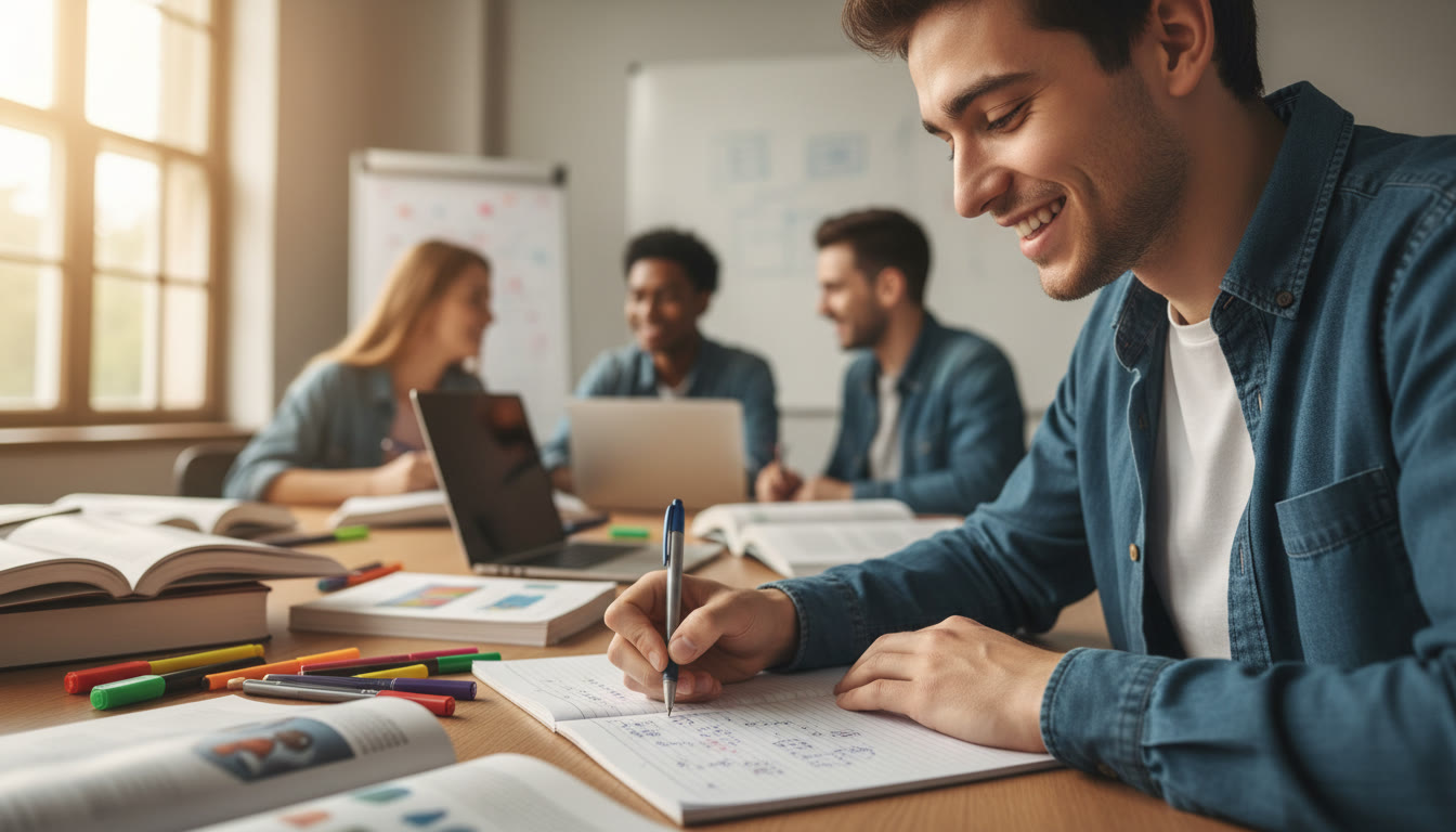 Photo Idea : Close-up of an IB student writing reflective notes while a group meeting continues in the background