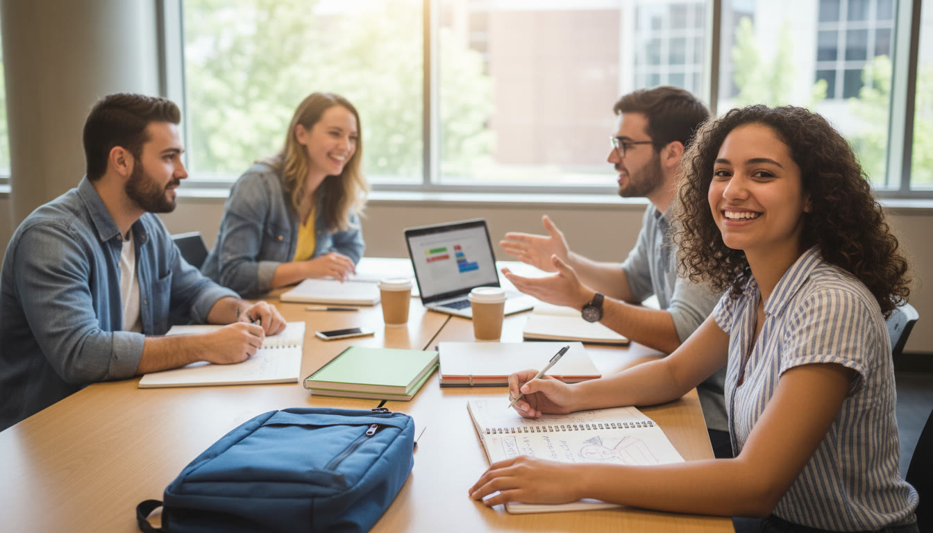 Photo Idea : Students gathered around a table with notebooks and a laptop, one student looking at the camera while others talk