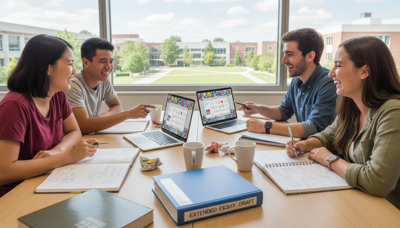 Photo Idea : A small group of diverse students sitting around a table covered in notebooks, an EE draft, and laptop screens showing course lists