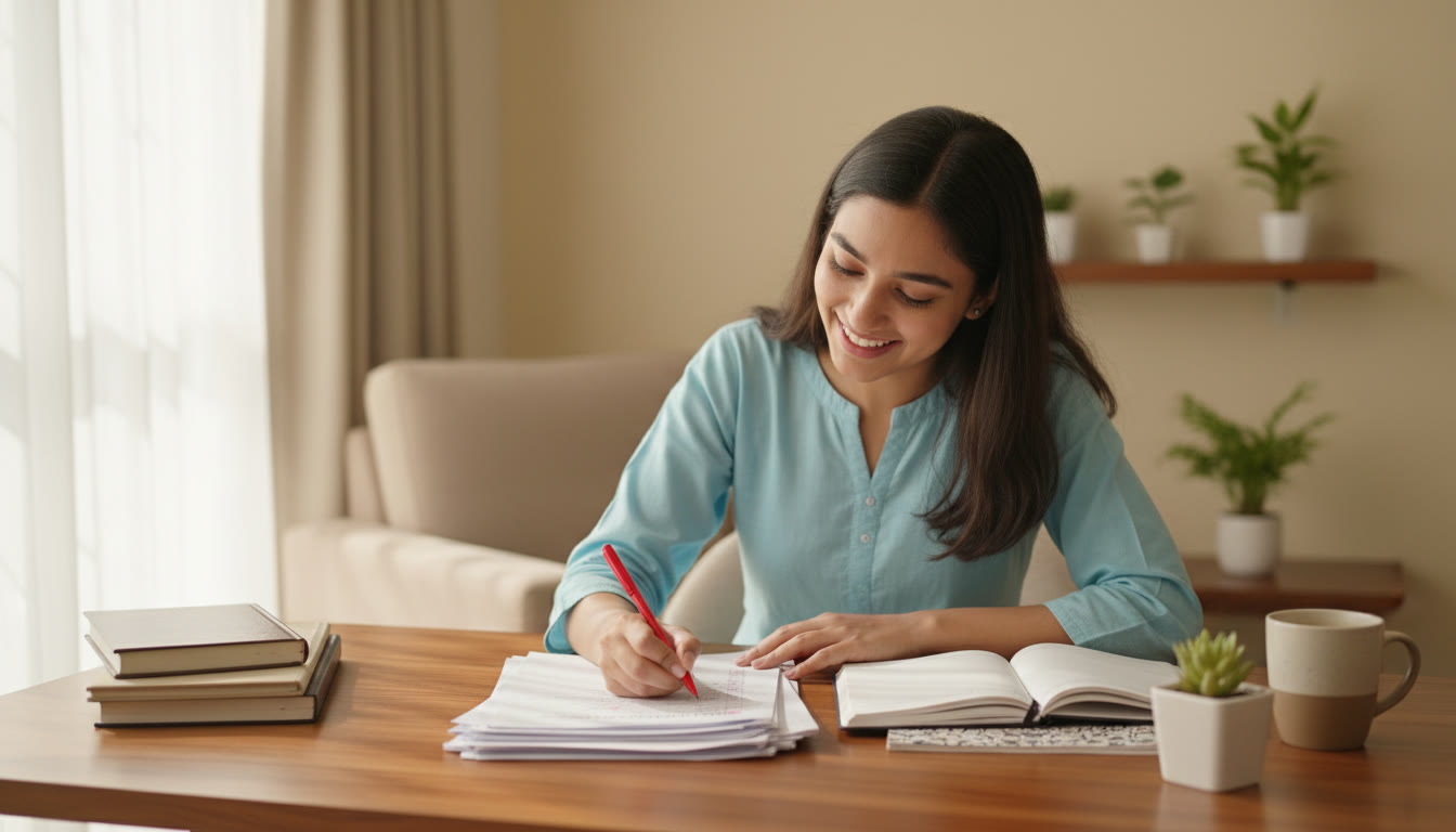 Photo Idea : A student marking their mock-paper with a red pen and a correction diary open beside them