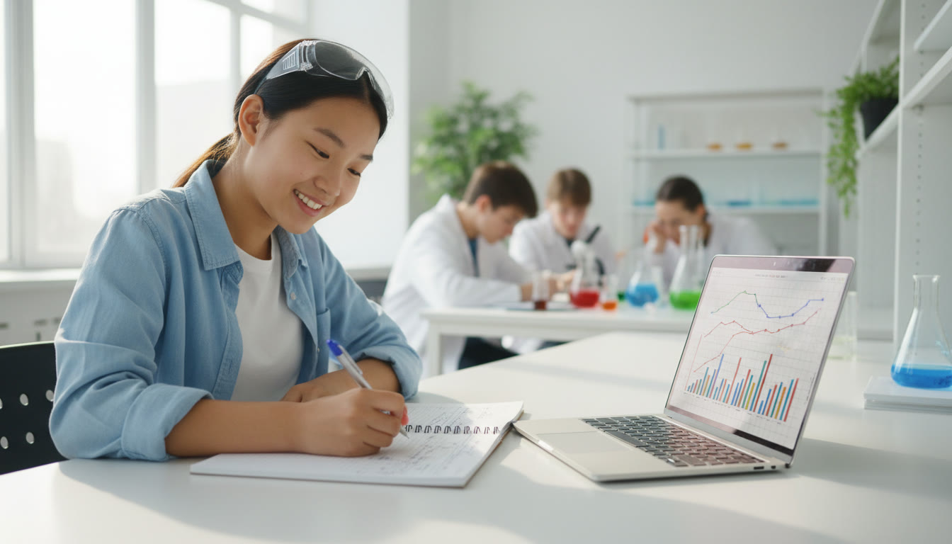 Photo Idea : Student in a bright lab space writing notes beside a laptop displaying graphs from an IA