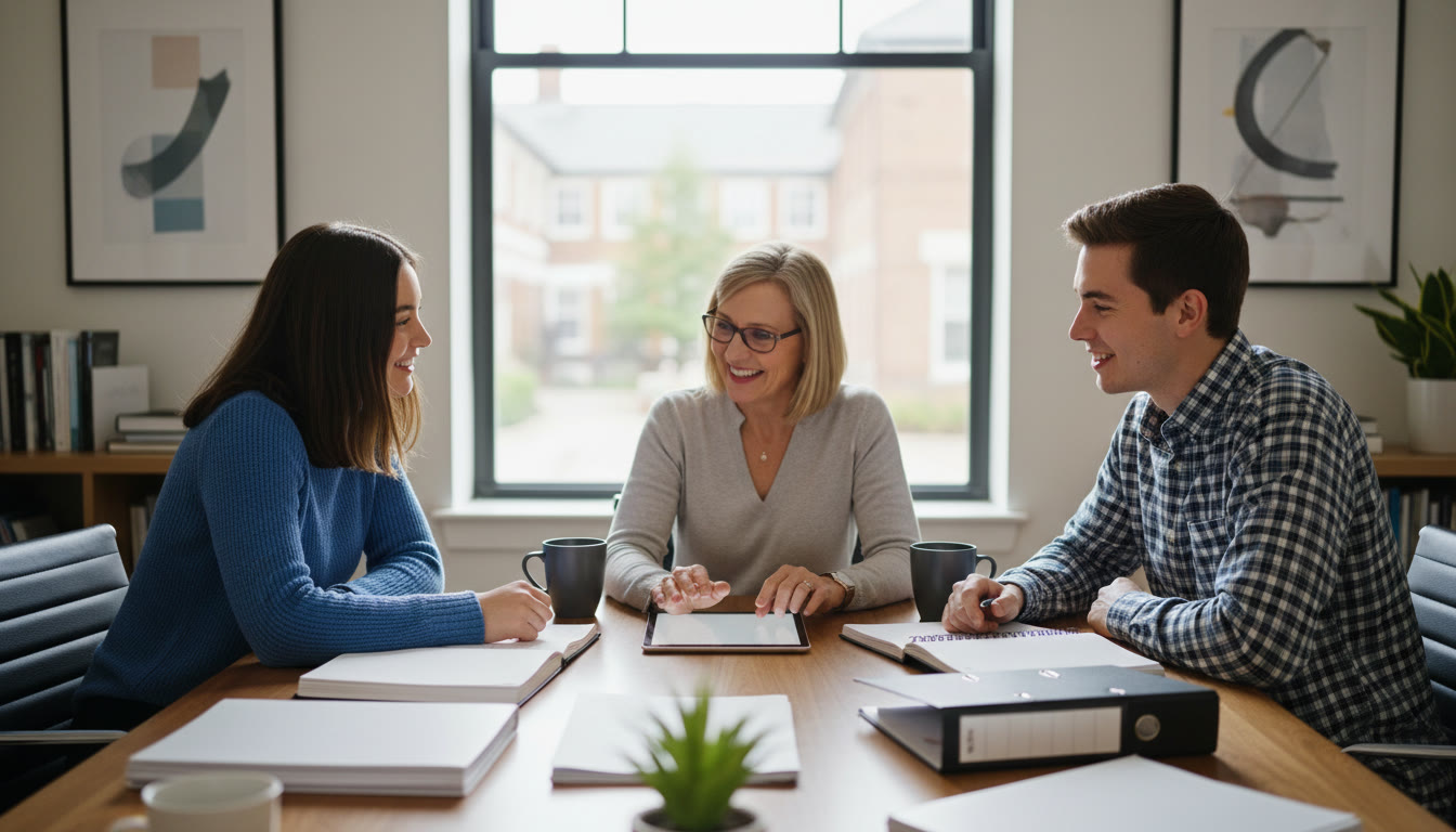 Photo Idea : Two students discussing a university application with a counselor, surrounded by notebooks