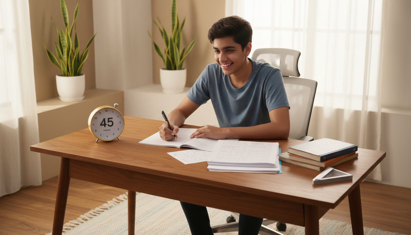 Photo Idea : A focused student taking a timed, full-length mock test at a desk with an analog timer, rough sheets, and an OMR sheet nearby.
