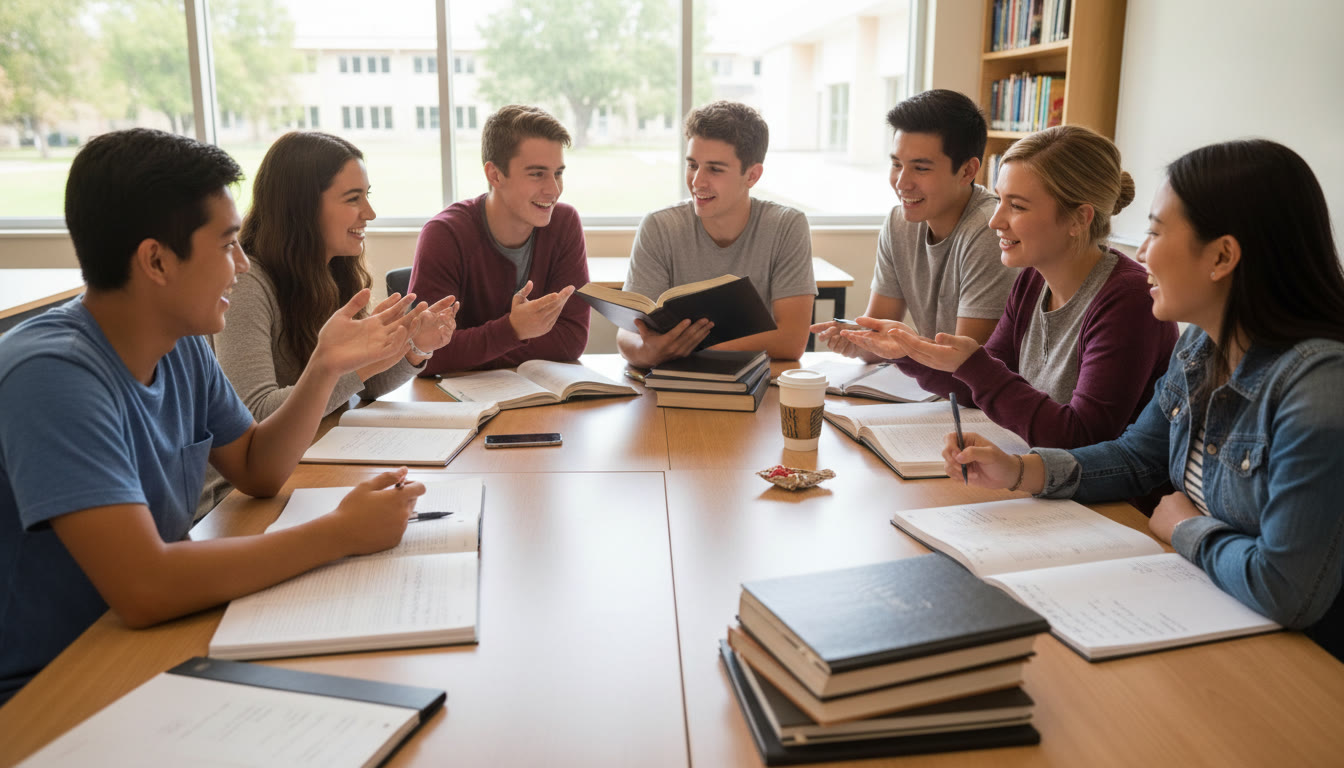 Photo Idea : A diverse group of students around a table, debating a mock court case with notes and textbooks spread out