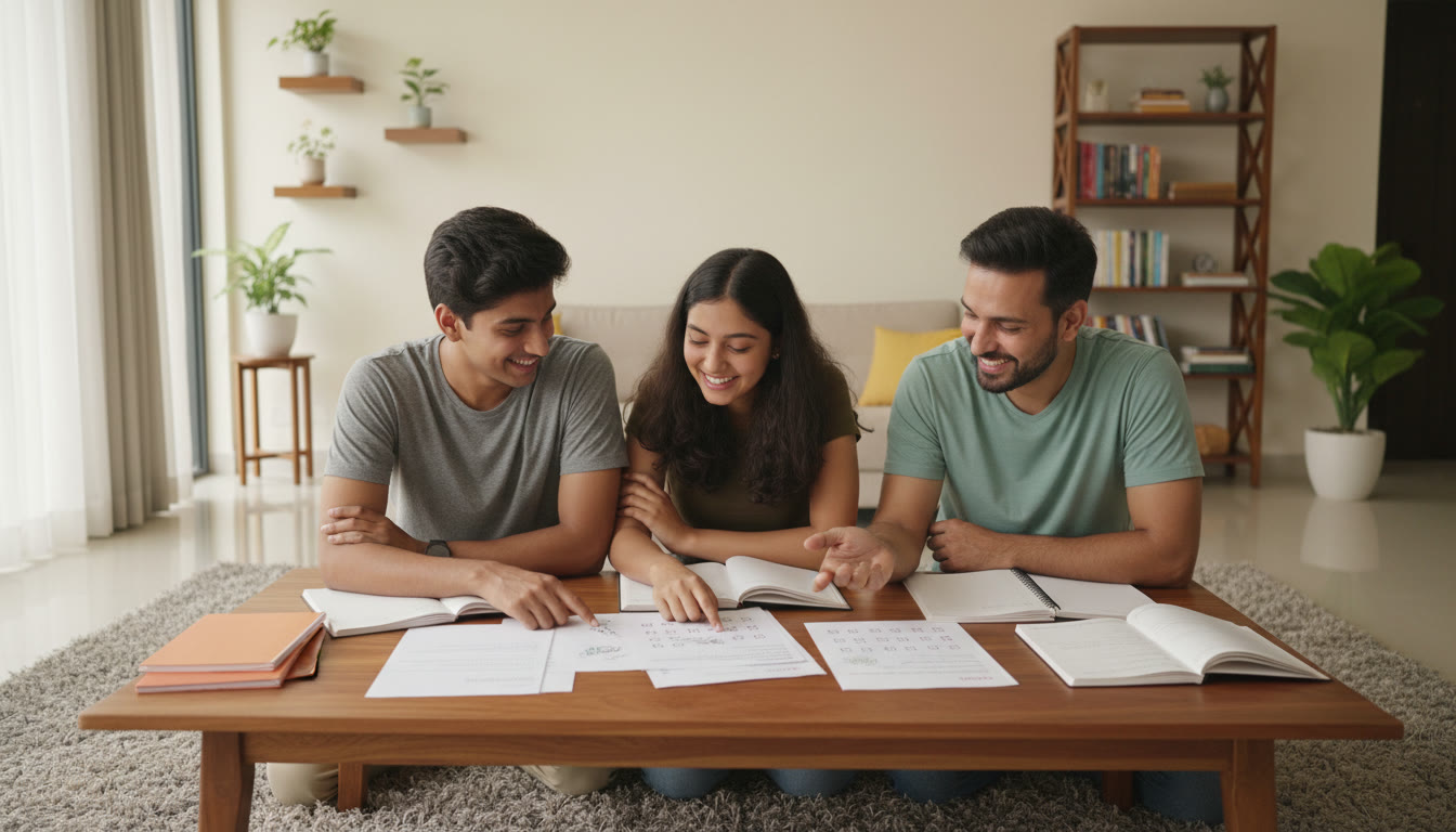 Photo Idea : Two students reviewing a mock test with a tutor, pointing at a marked answer on a printed sheet