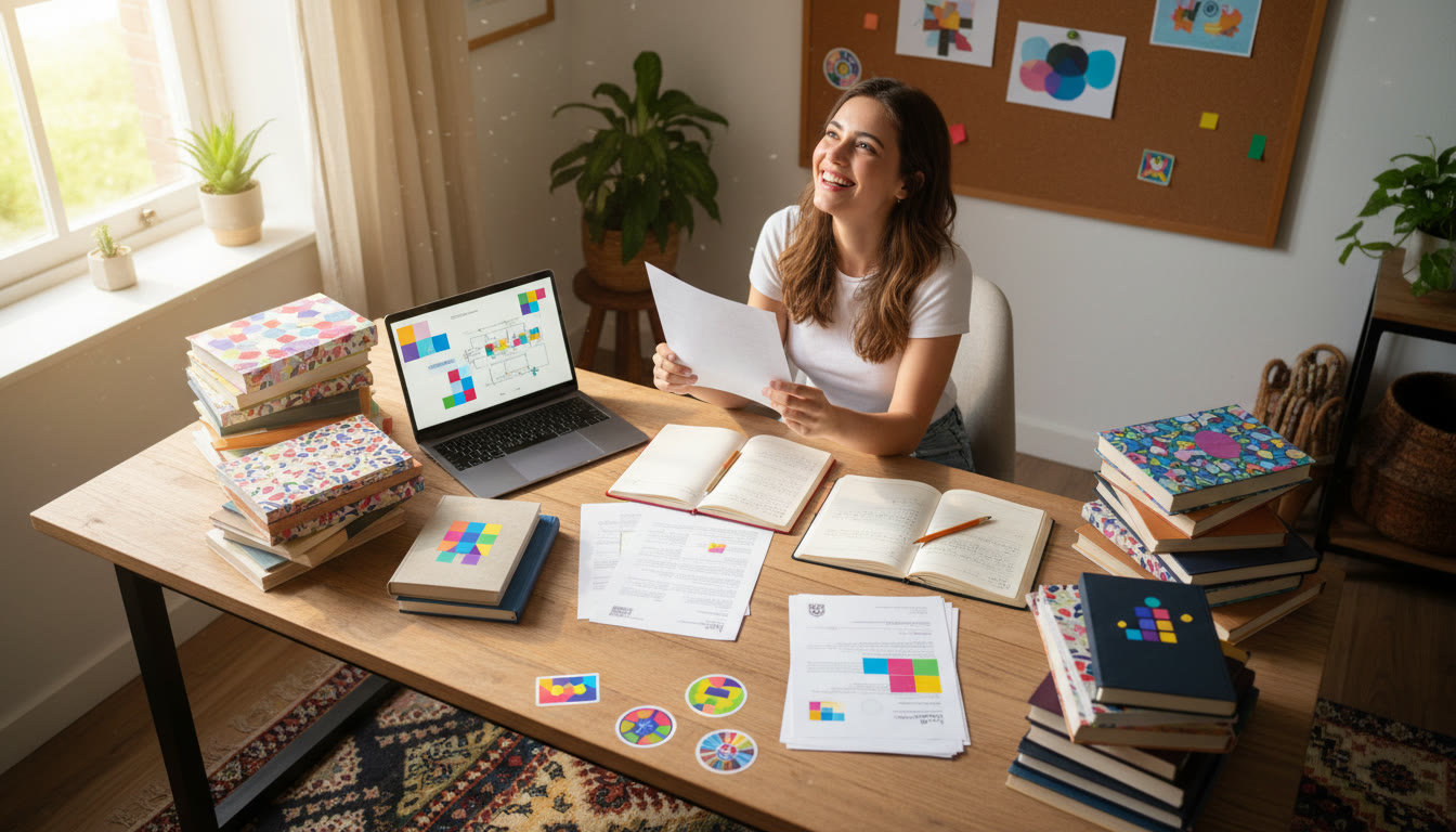 Photo Idea : High-angle photo of an IB student at a desk with books, laptop, and acceptance letters scattered