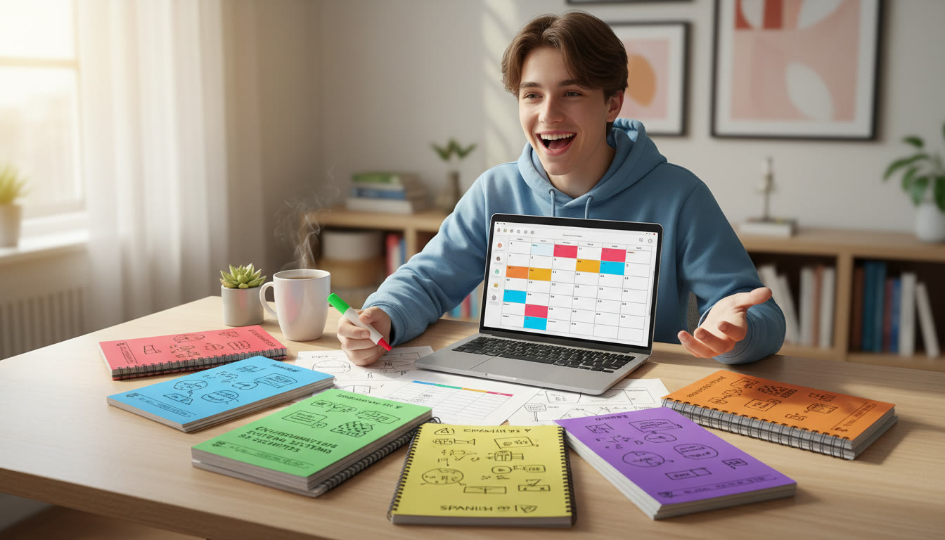 Photo Idea : Student at a tidy desk with color-coded notes for six IB subjects and a laptop showing a study schedule