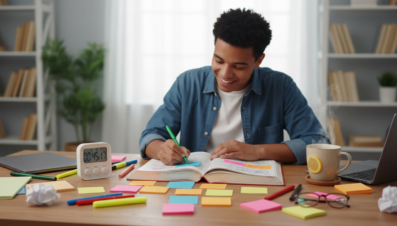 Photo Idea : A student using sticky notes and colored pens on a desk with a timer and a cup of tea