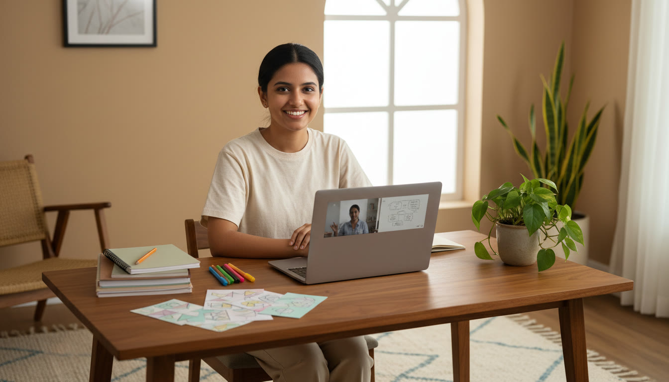 Photo Idea : Student at a study desk with organized notes, a laptop showing a video-tutor, and sticky revision cards