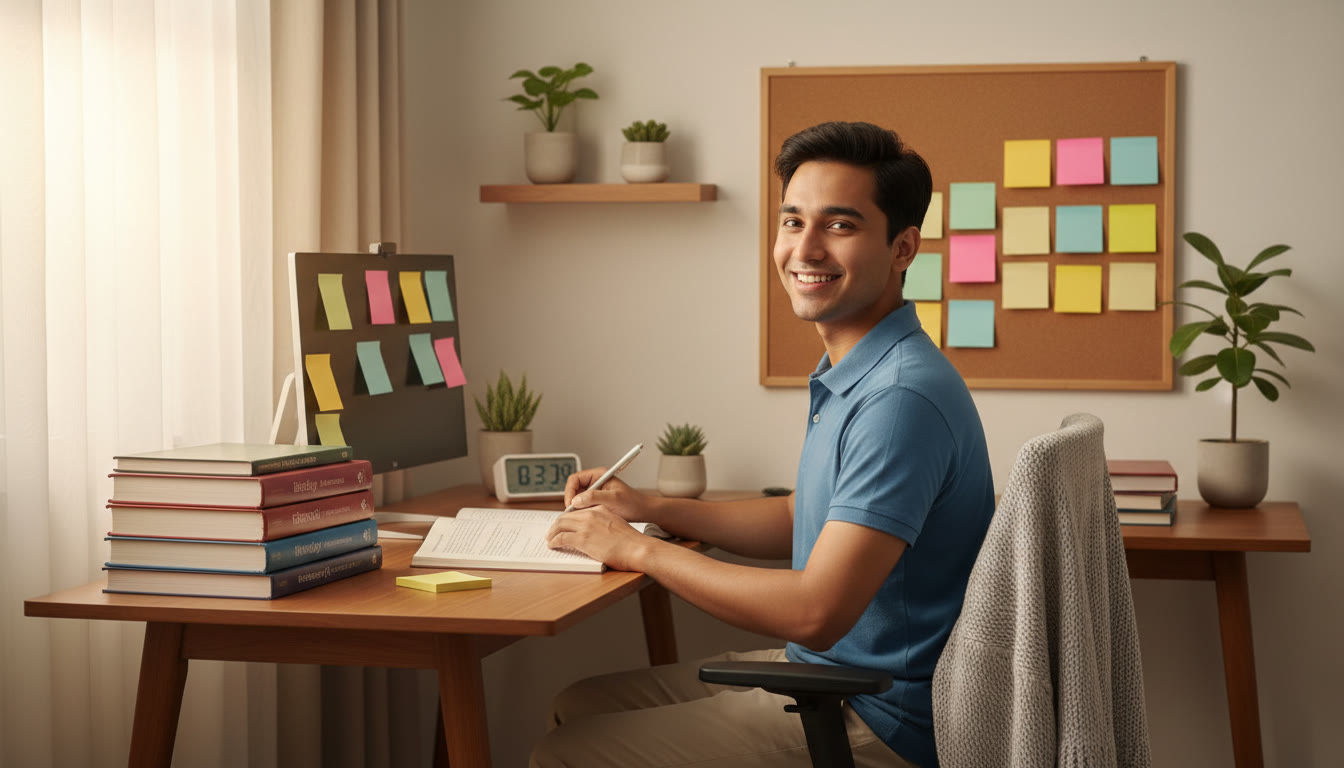 Photo Idea : A focused student at a tidy desk with NEET textbooks, sticky notes, and a digital timer