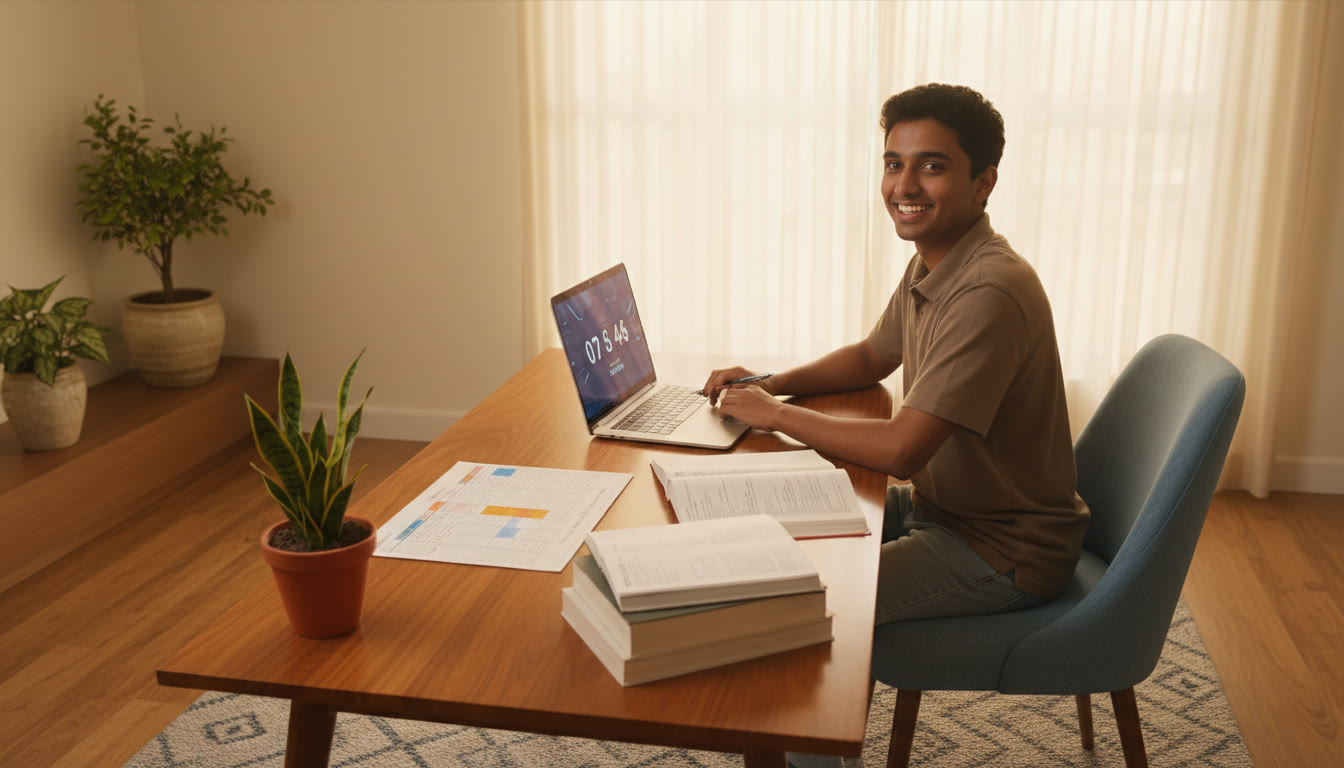Photo Idea : A student at a desk with a neat study schedule, textbooks, and a laptop showing a practice test timer