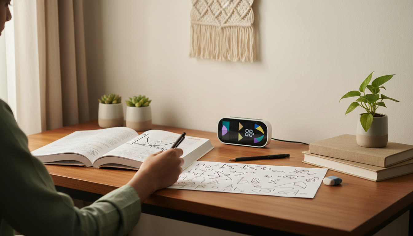 Photo Idea : Desktop with an open NCERT page showing a graph, a timer beside it, and a student’s hand solving a problem on scrap paper.