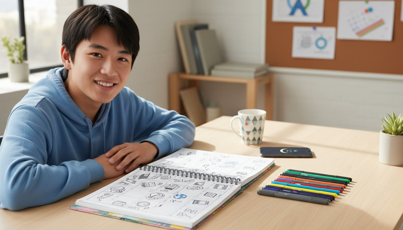 Photo Idea : Student at a desk with an open planner, phone on Do Not Disturb, and pens neatly arranged
