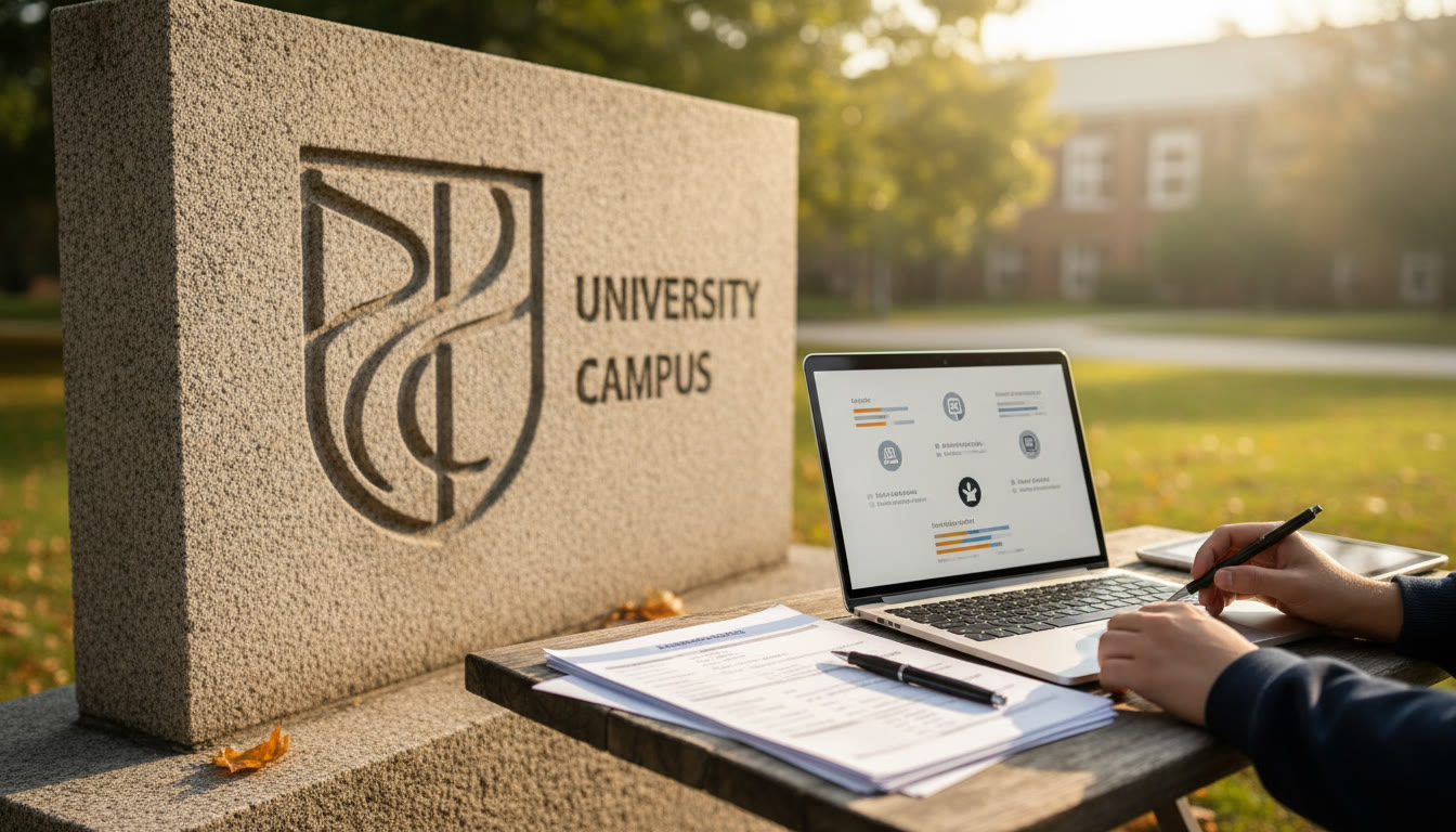 Photo Idea : Close-up of a university campus sign with application paperwork, a pen, and an open laptop.