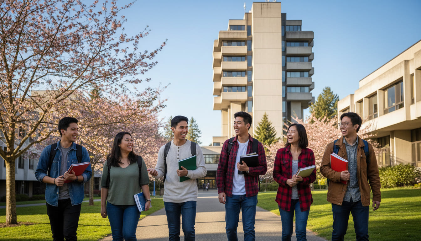 Photo Idea : A group of diverse students walking across a university campus with a visible SFU campus building in the background