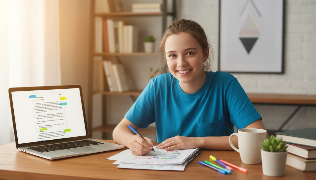 Photo Idea : Student revising with an annotated essay draft and a laptop showing feedback highlights