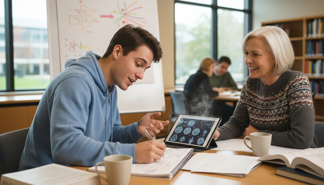 Photo Idea : A warm, candid shot of an IB student taking notes while discussing a psychology experiment with a mentor