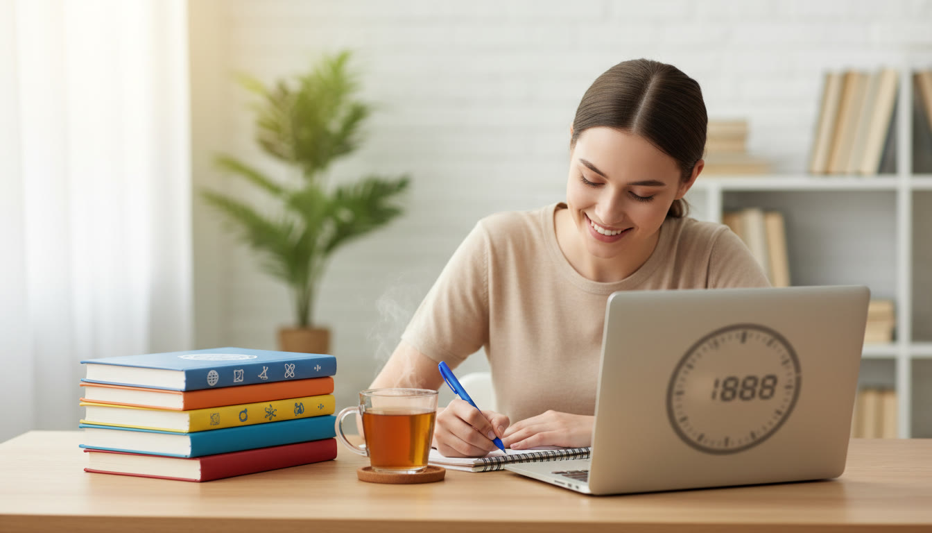 Photo Idea : A focused student at a neat desk writing notes with IB textbooks, a laptop showing a timer, and a cup of tea