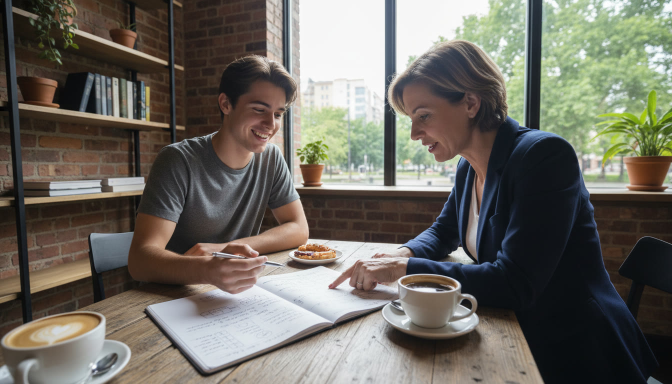 Photo Idea : A student and supervisor discussing an Extended Essay outline over a coffee-table meeting