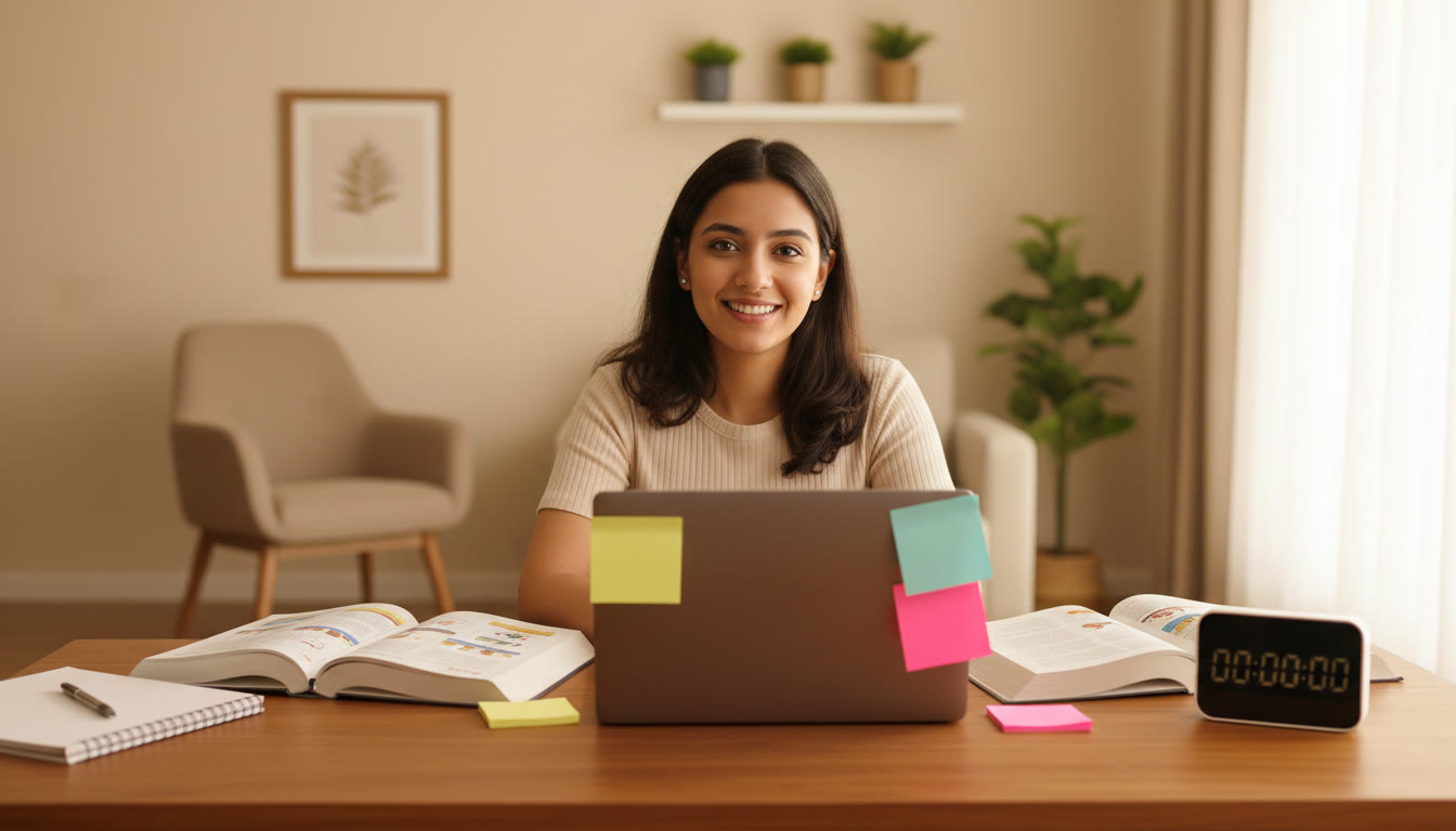 Photo Idea : Student at a study desk with open textbooks, sticky notes, a timer, and a neat notepad