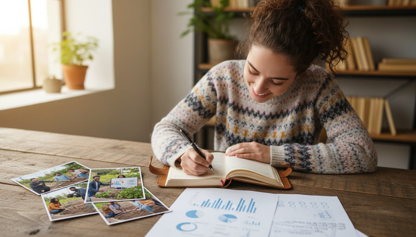 Photo Idea : A student writing in a reflection journal beside project photos and printed surveys