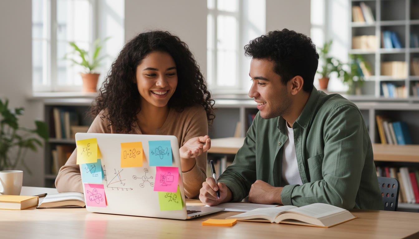 Photo Idea : Two students discussing a lab report over a laptop with colourful sticky notes