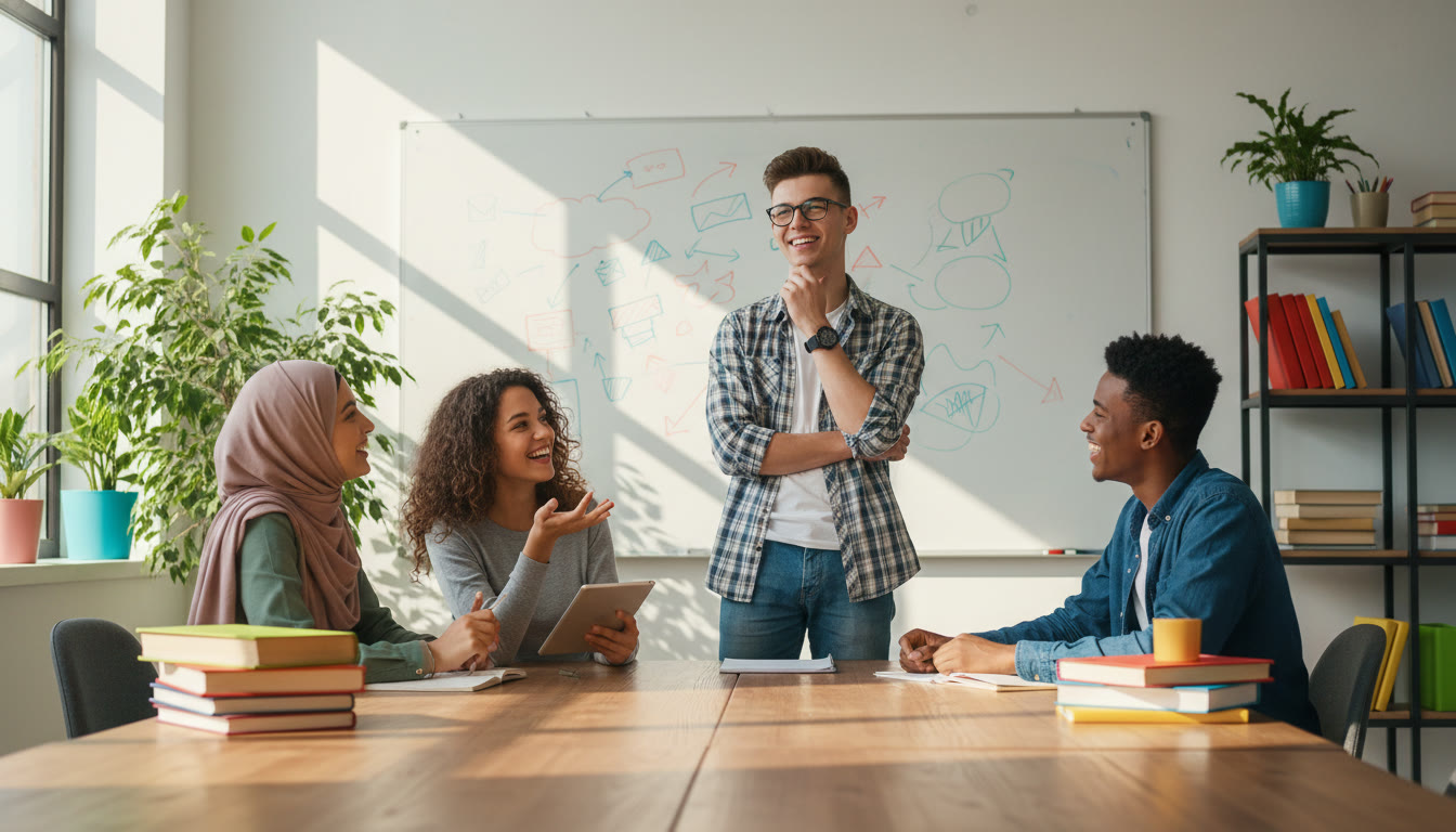 Photo Idea : Small group of students rehearsing interview answers in a bright study room with a whiteboard