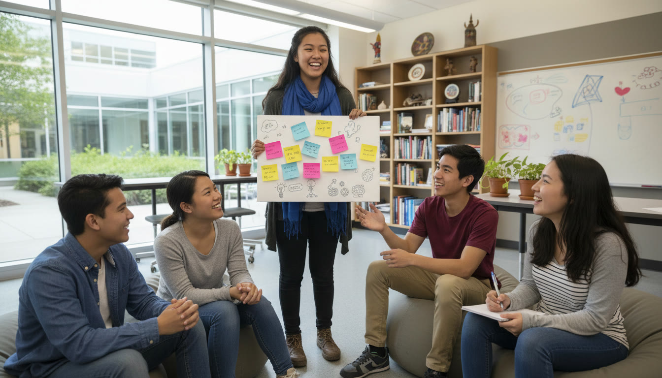 Photo Idea : A student presenting a small poster board to peers with sticky notes and reflections attached