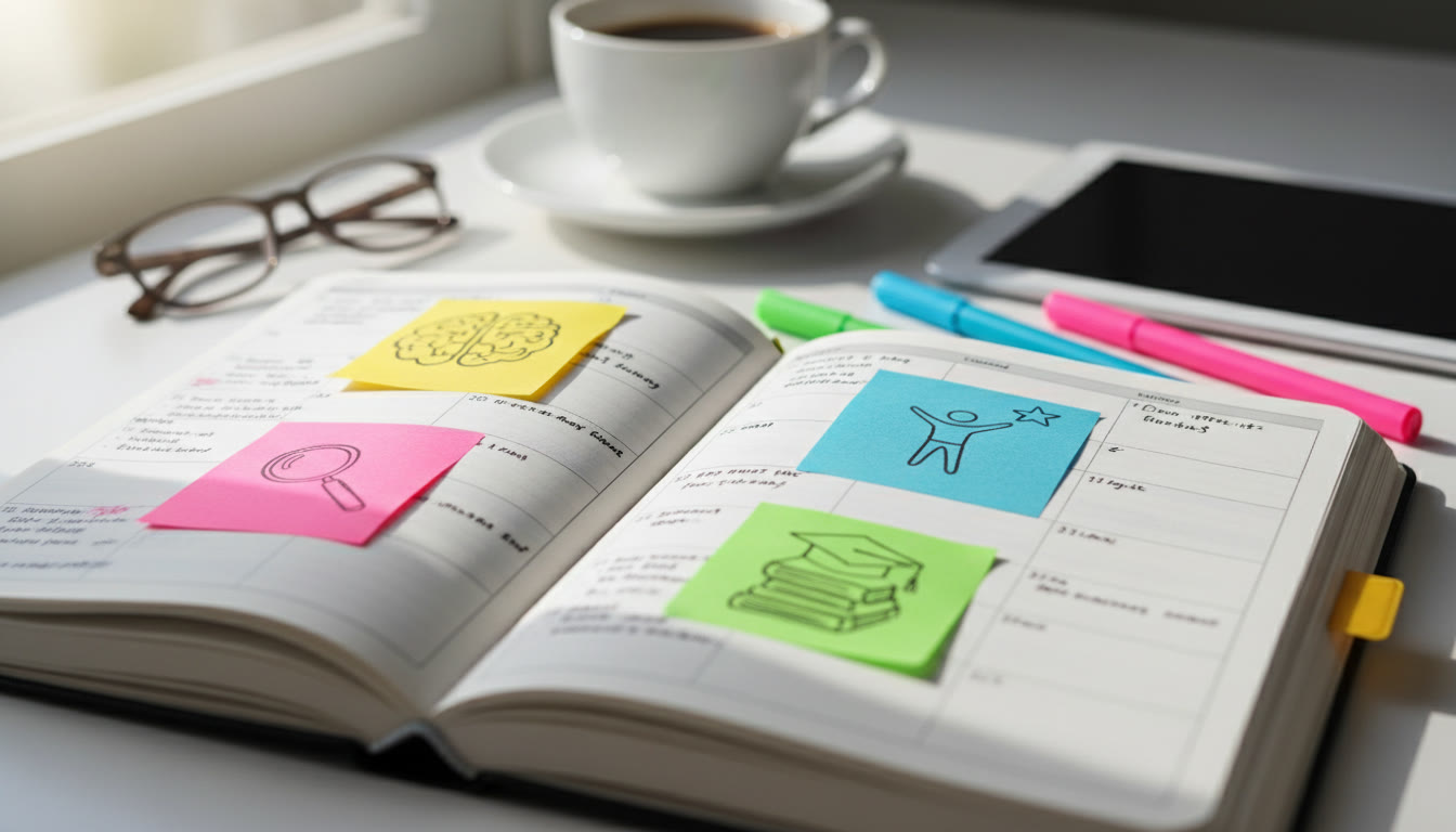 Photo Idea : a close-up of a planner with colored sticky notes labeled 