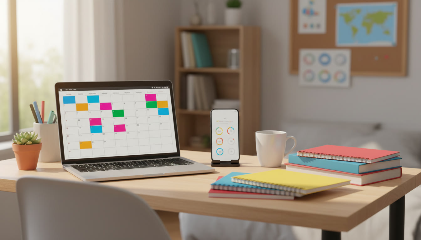 Photo Idea : A tidy student desk with color-coded notebooks, a laptop displaying a calendar, and a smartphone with a task app open