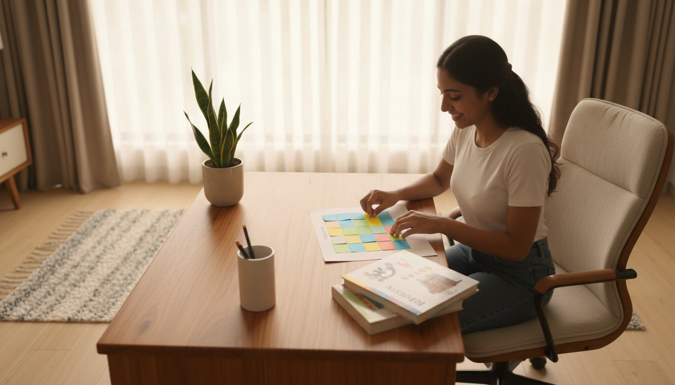 Photo Idea : A student at a tidy desk arranging a colorful timetable on paper with subject books nearby