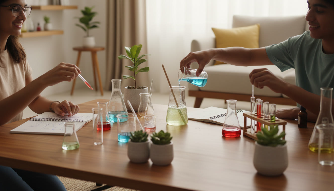 Photo Idea : Hands conducting a simple school science experiment with beakers and notes