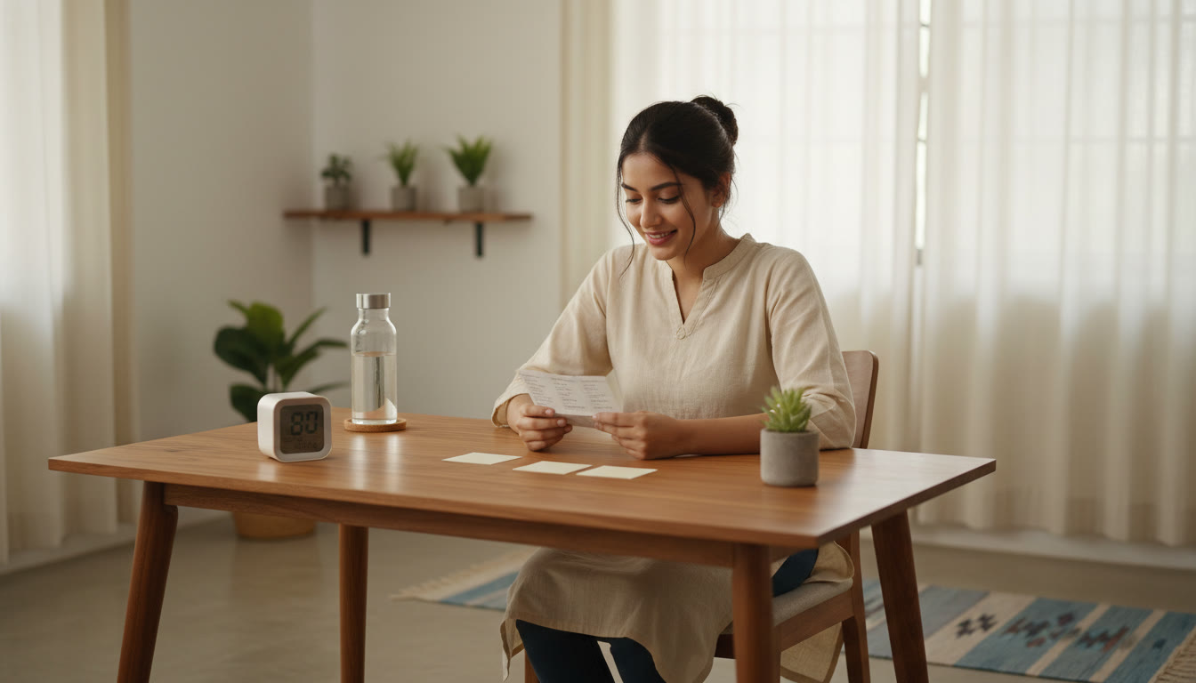 Photo Idea : A calm student reviewing a compact formula sheet at a clean desk, with a timer and water bottle nearby