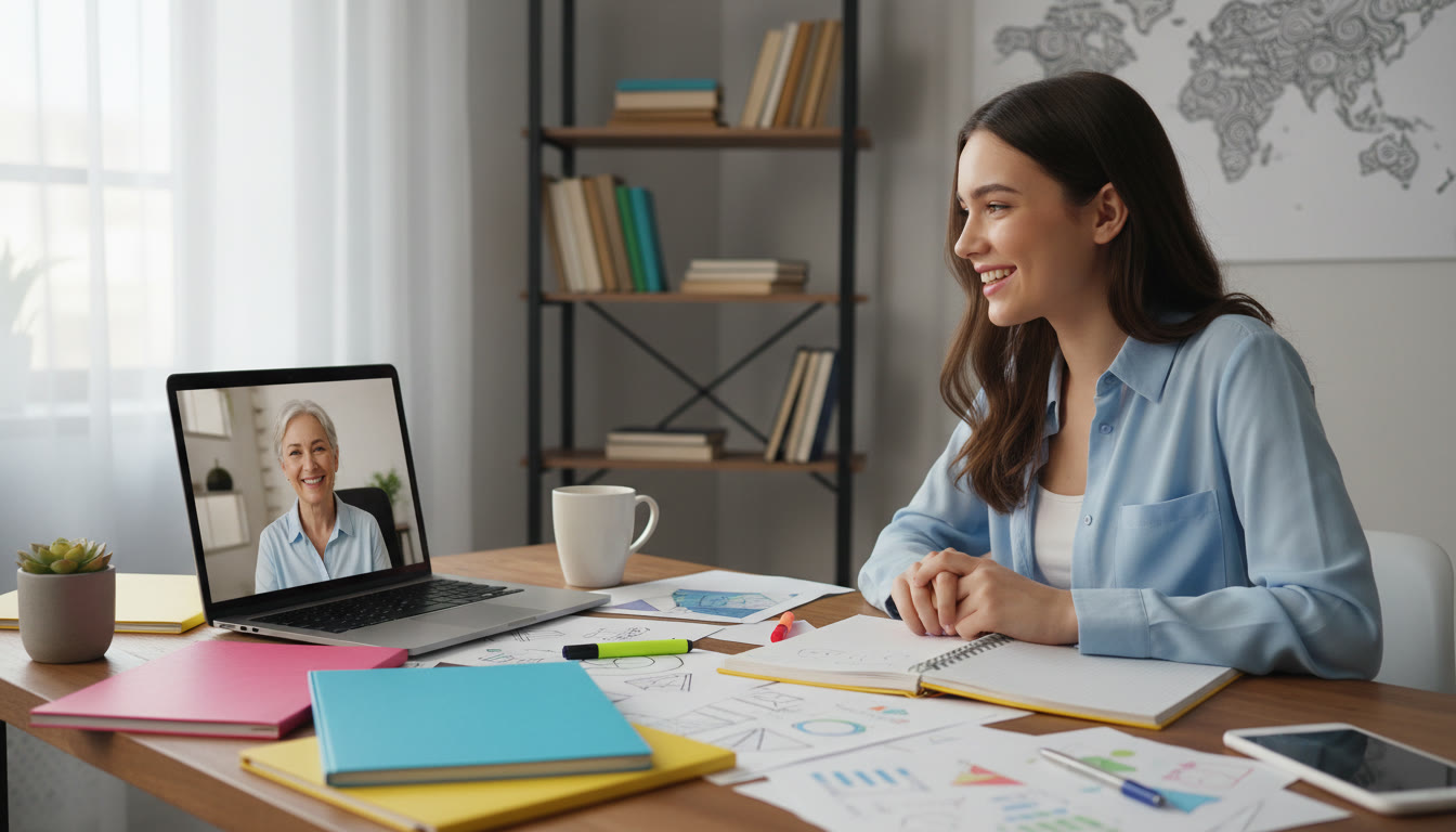 Photo Idea : Student meeting online with a tutor, notes and laptop visible on the desk