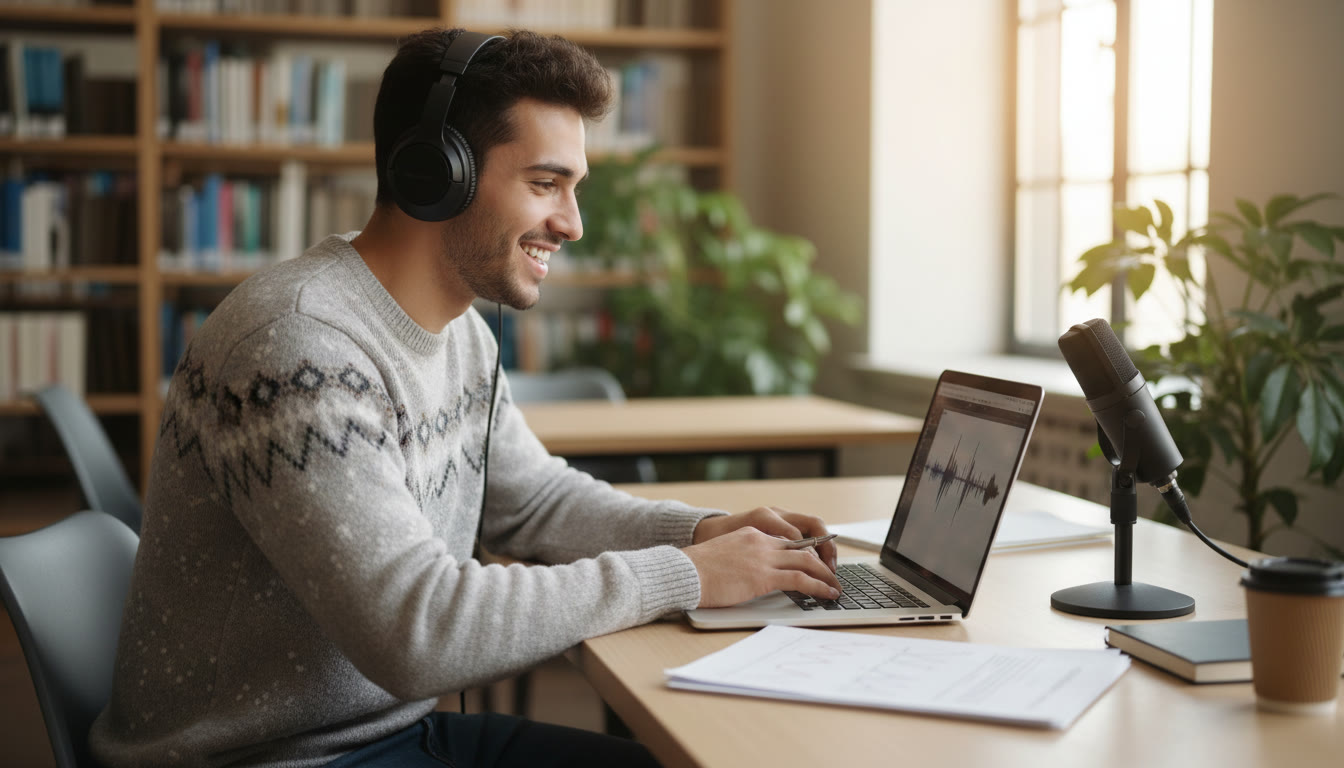 Photo Idea : A student transcribing an interview alongside a laptop and a printed consent form