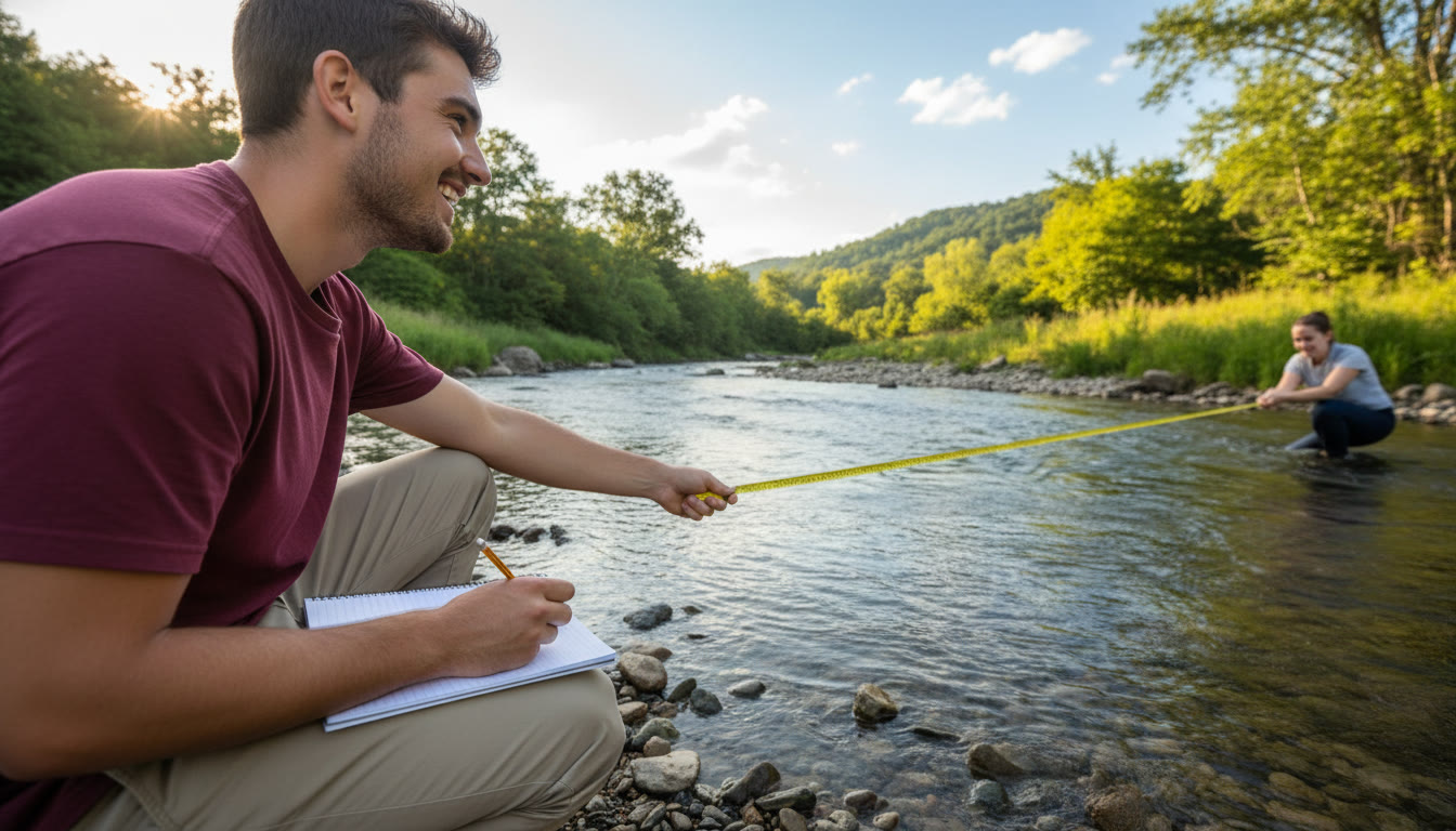 Photo Idea : Student measuring river width with tape and recording notes, over-the-shoulder view