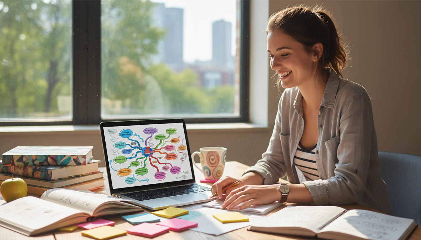 Photo Idea : A student at a desk with scattered notebooks, sticky notes, and a laptop creating a colorful mind map