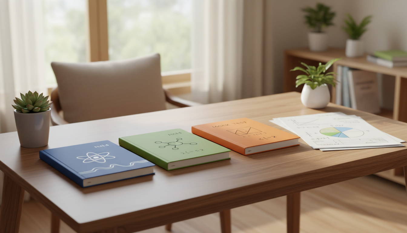 Photo Idea : A study table with three labeled notebooks: Physics, Chemistry, Mathematics, and a marked mock test sheet showing time logs