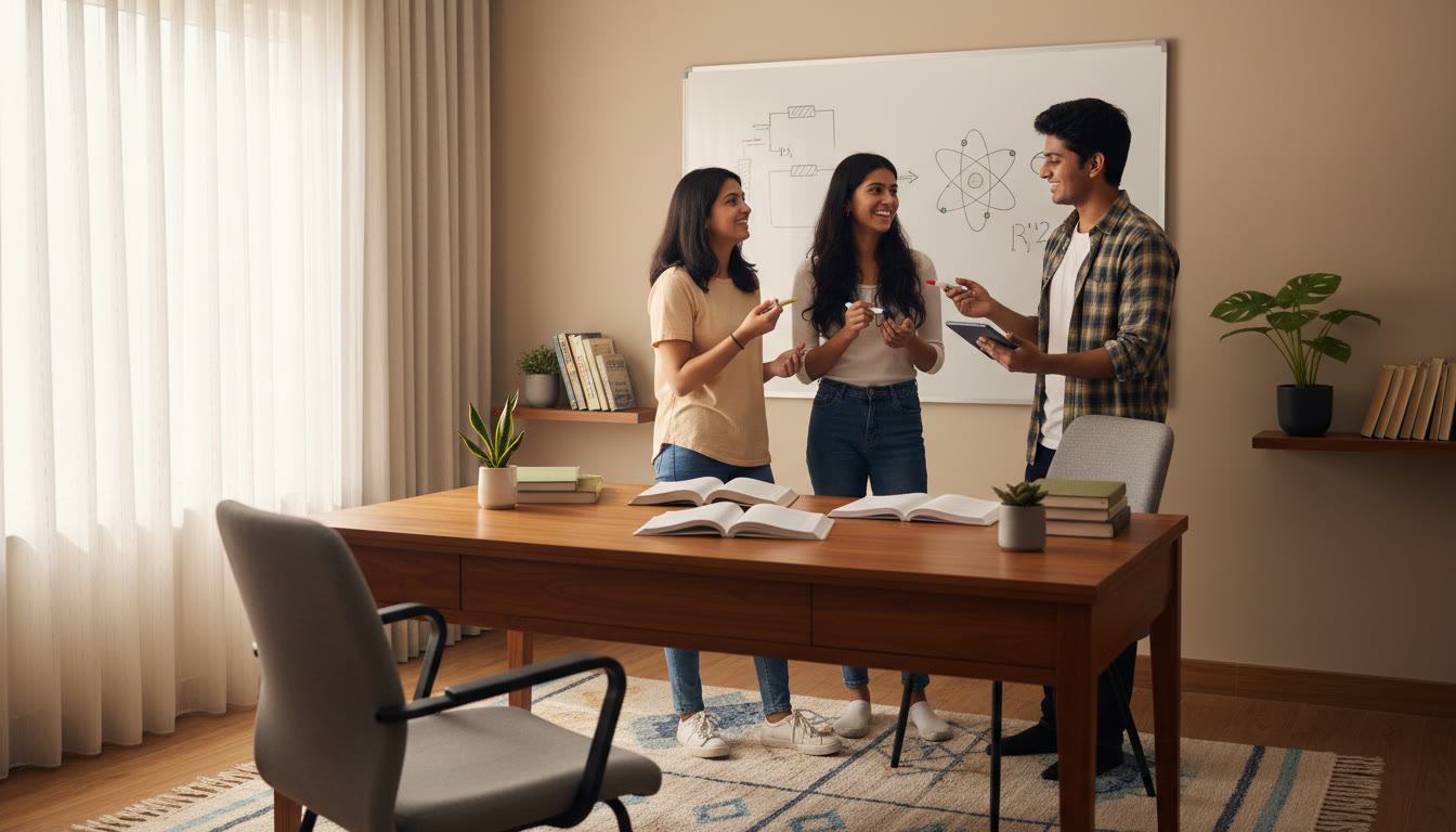 Photo Idea : A small group of students clustered around a whiteboard, sketching and debating a physics diagram