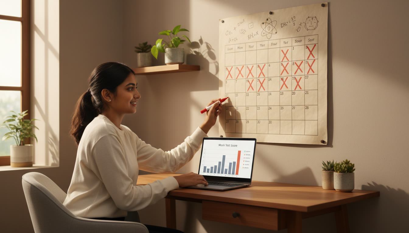 Photo Idea : Student marking chapters on a wall calendar while checking a mock test score on a laptop