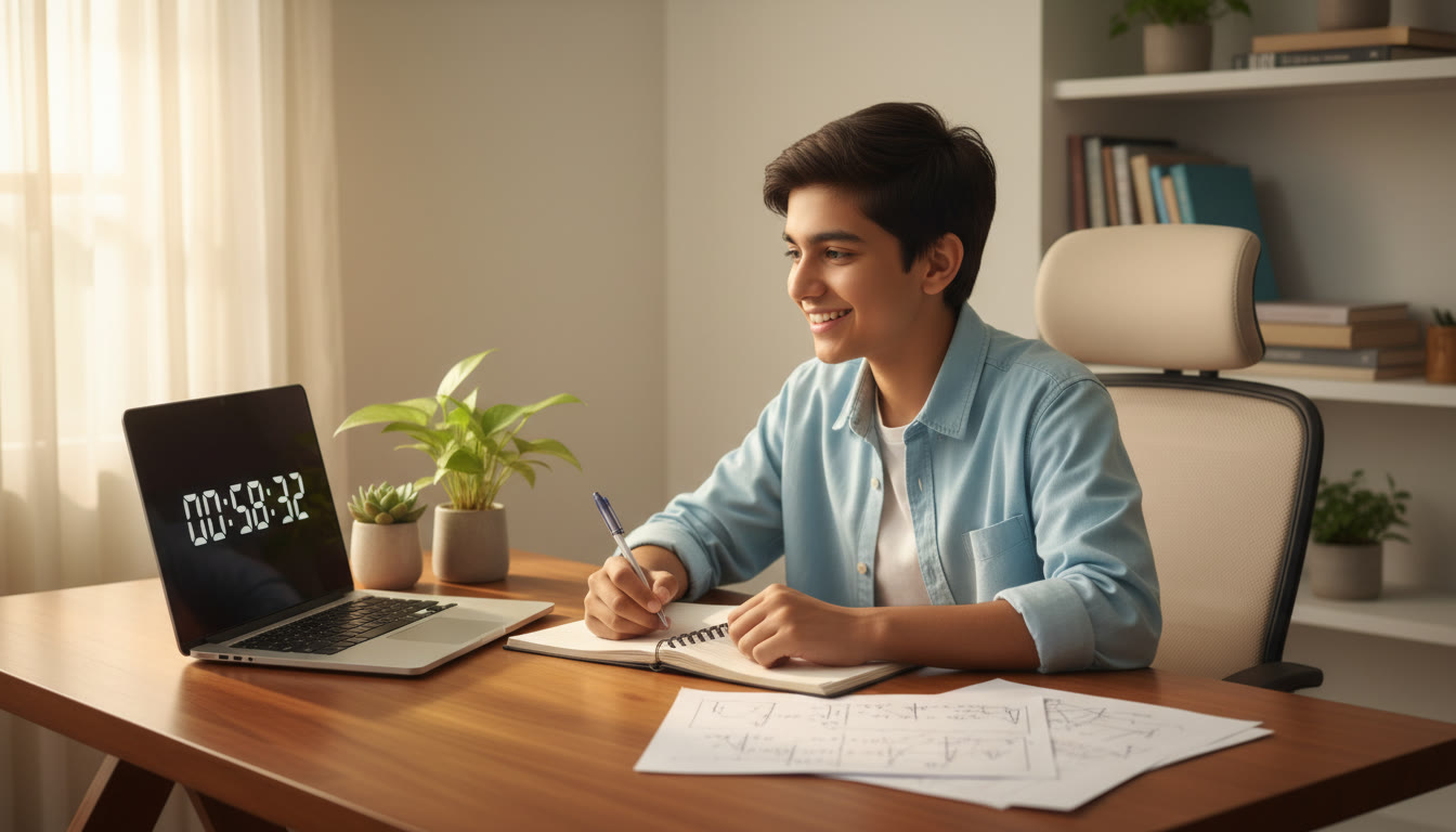 Photo Idea : Student at a tidy desk taking a timed mock test on a laptop with a visible countdown timer and neat handwritten notes beside the laptop