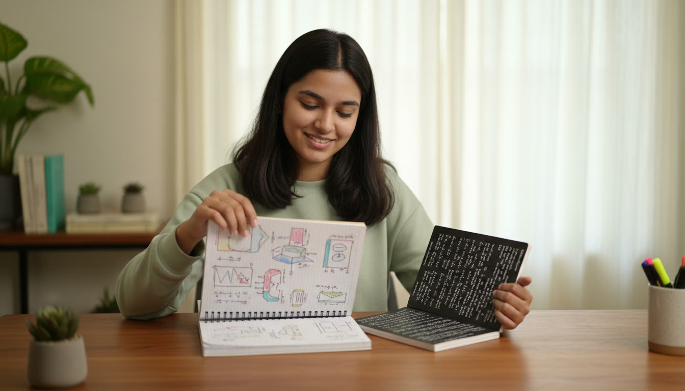 Photo Idea : A focused student at a desk switching from a broad-notes book labelled 