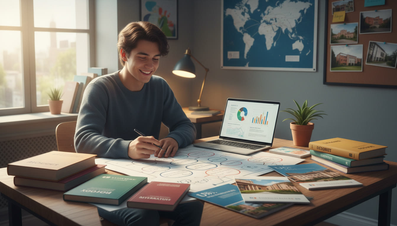 Photo Idea : Student at a desk surrounded by IB subject books and university prospectuses, mapping out options