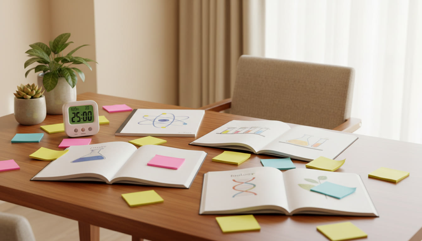 Photo Idea : A bright study desk with physics, chemistry and biology notebooks, a timer, and colorful sticky notes.