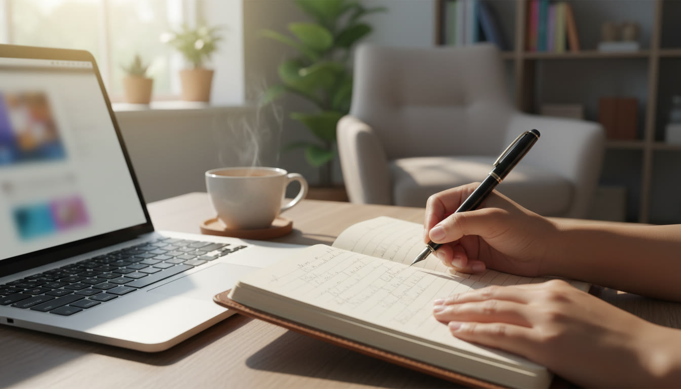 Photo Idea : Close-up of hands writing a reflective CAS journal entry beside a laptop and a cup of tea