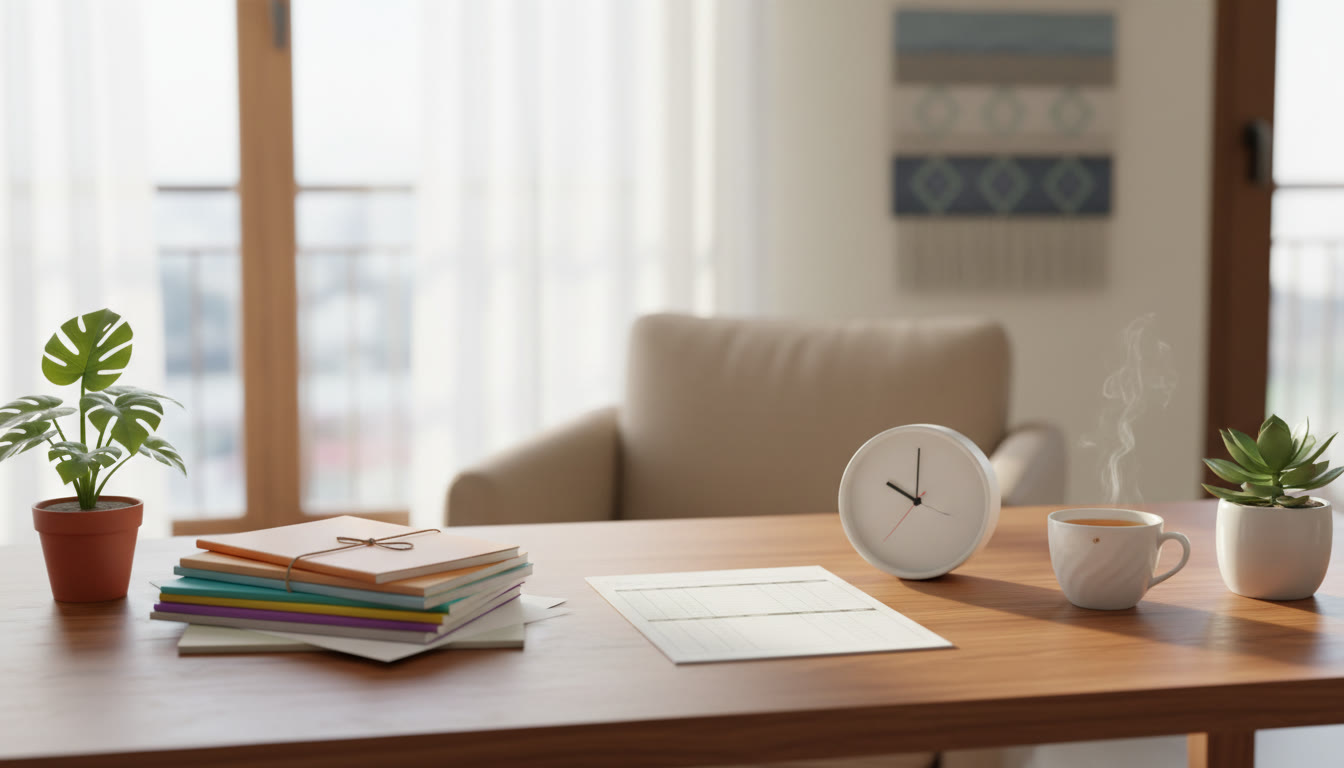 Photo Idea : A calm study desk with neatly organised CBSE notes, a printed timetable, a small clock and a cup of tea