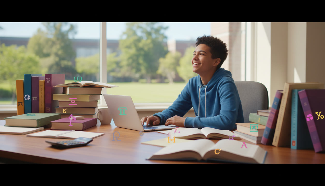 Photo Idea : A student working at a desk surrounded by textbooks labeled with different IB subjects