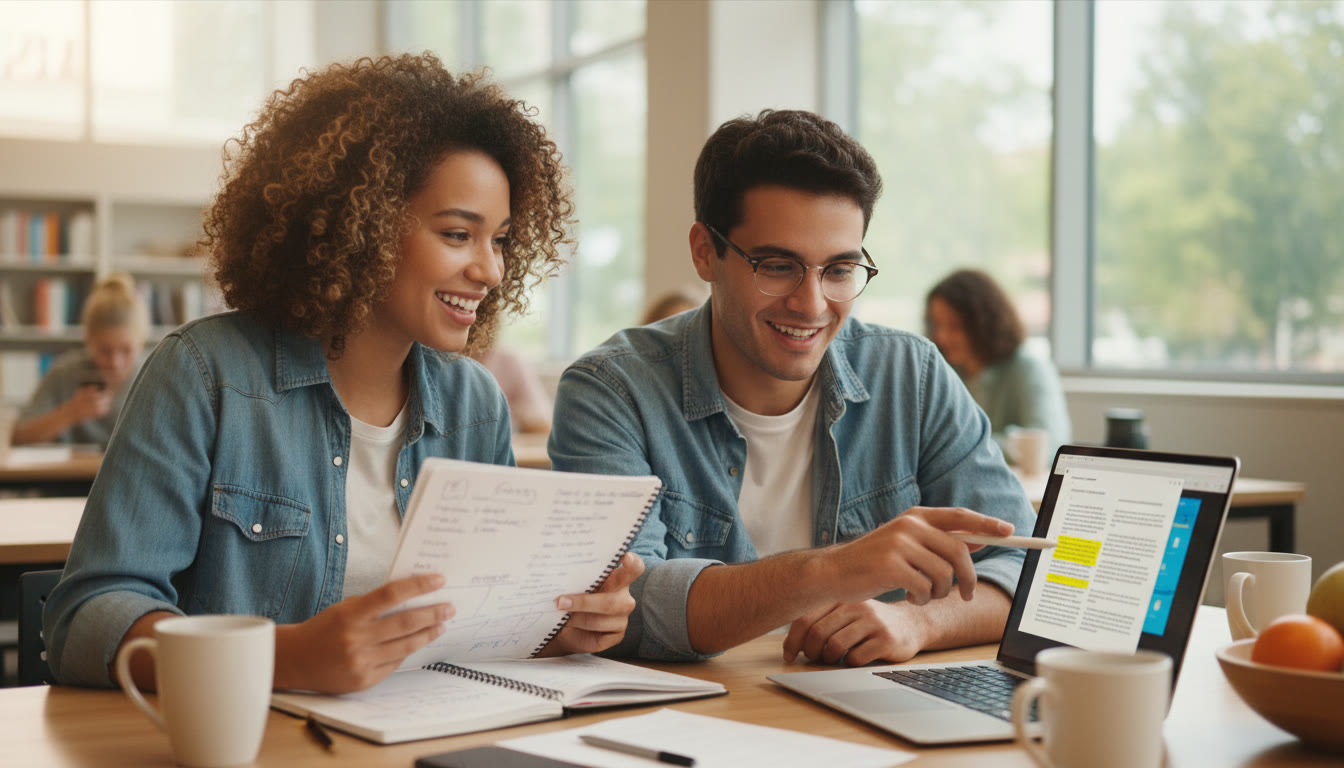 Photo Idea : Two students discussing notes and pointing at a laptop screen with highlighted text