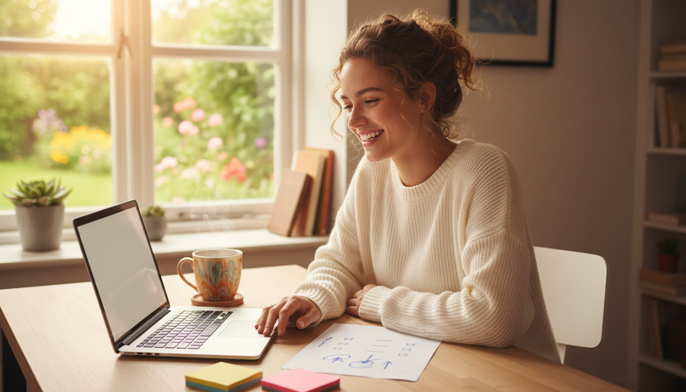 Photo Idea : a student at a desk with a laptop, checklist on paper, sticky notes, and a warm mug